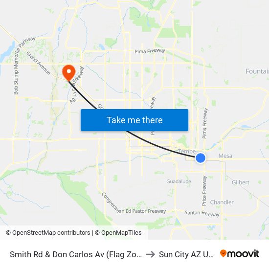 Smith Rd & Don Carlos Av (Flag Zone) to Sun City AZ USA map