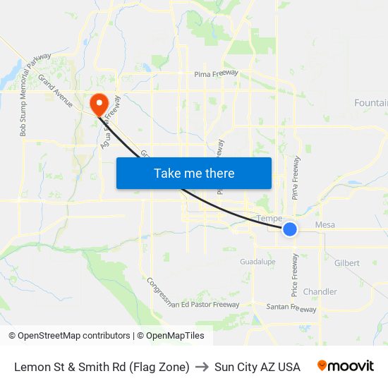 Lemon St & Smith Rd (Flag Zone) to Sun City AZ USA map