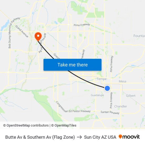 Butte Av & Southern Av (Flag Zone) to Sun City AZ USA map