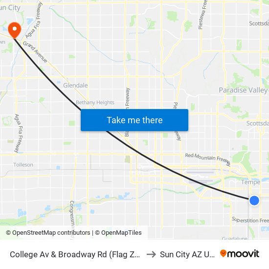 College Av & Broadway Rd (Flag Zone) to Sun City AZ USA map