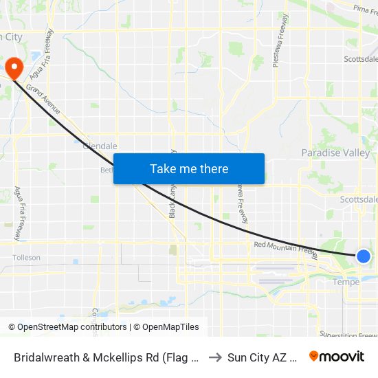 Bridalwreath & Mckellips Rd (Flag Zone) to Sun City AZ USA map