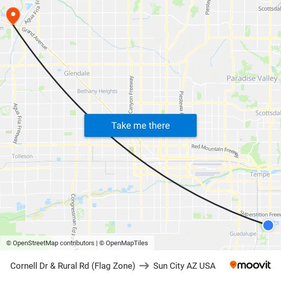 Cornell Dr & Rural Rd (Flag Zone) to Sun City AZ USA map