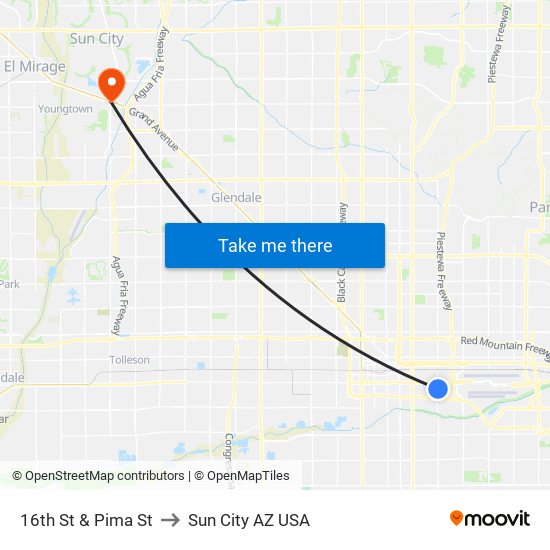 16th St & Pima St to Sun City AZ USA map