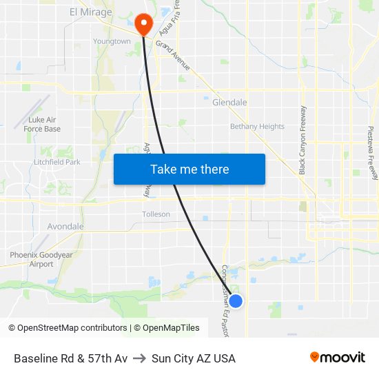 Baseline Rd & 57th Av to Sun City AZ USA map