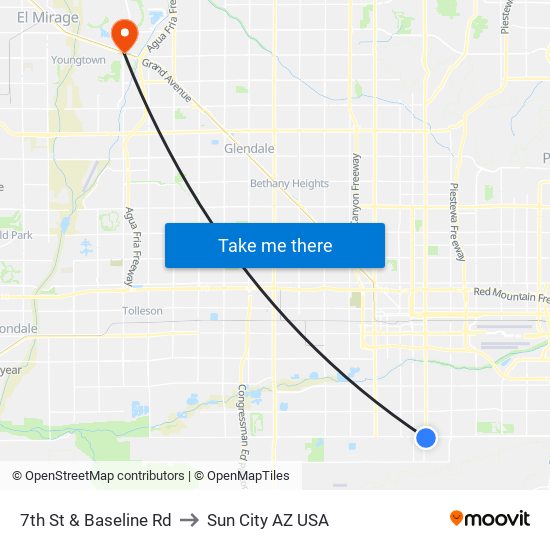 7th St & Baseline Rd to Sun City AZ USA map