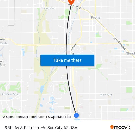 95th Av & Palm Ln to Sun City AZ USA map