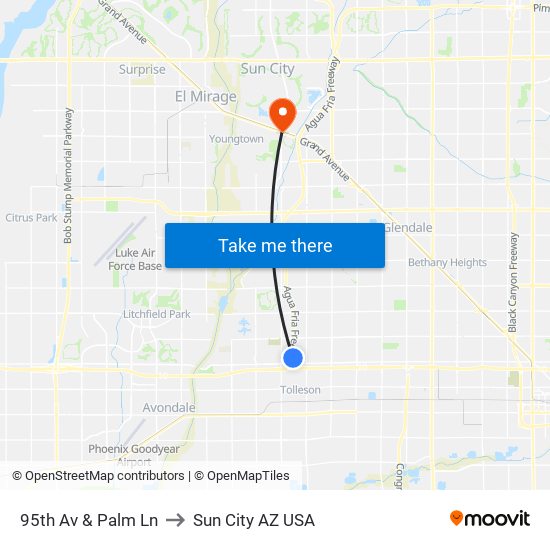 95th Av & Palm Ln to Sun City AZ USA map