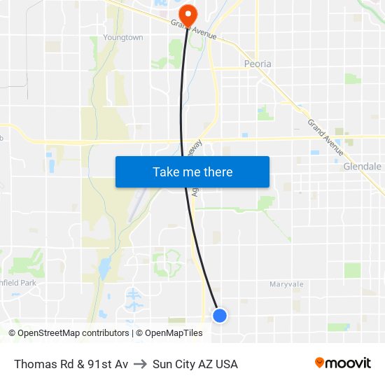 Thomas Rd & 91st Av to Sun City AZ USA map