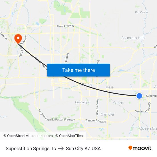 Superstition Springs Tc to Sun City AZ USA map
