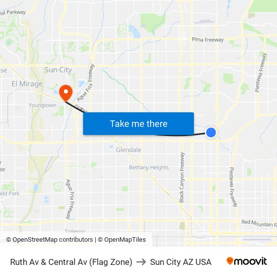 Ruth Av & Central Av (Flag Zone) to Sun City AZ USA map