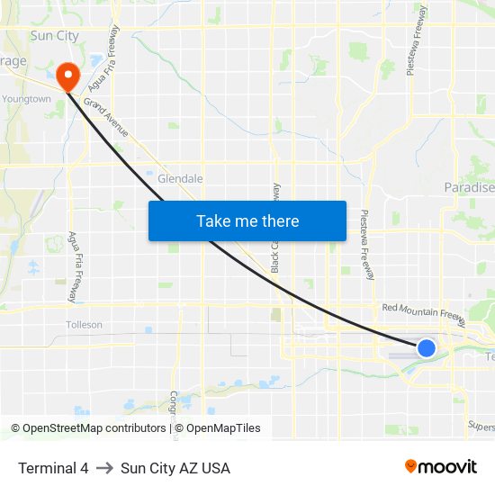 Terminal 4 to Sun City AZ USA map