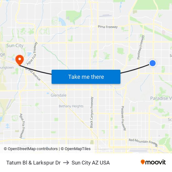 Tatum Bl & Larkspur Dr to Sun City AZ USA map