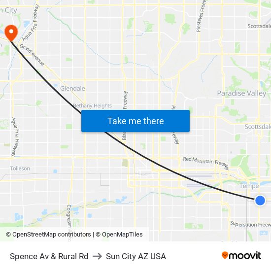 Spence Av & Rural Rd to Sun City AZ USA map