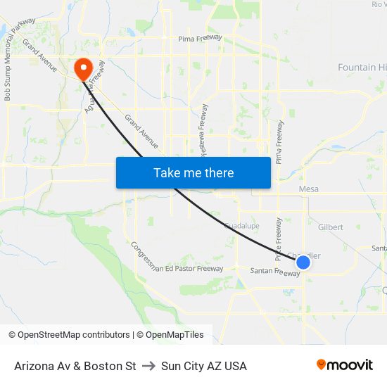 Arizona Av & Boston St to Sun City AZ USA map