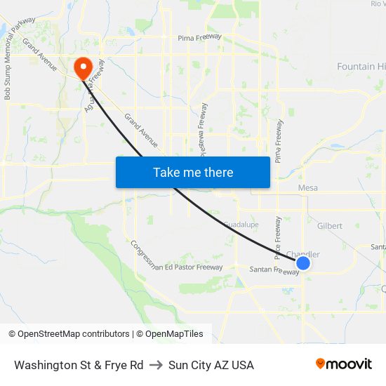 Washington St & Frye Rd to Sun City AZ USA map