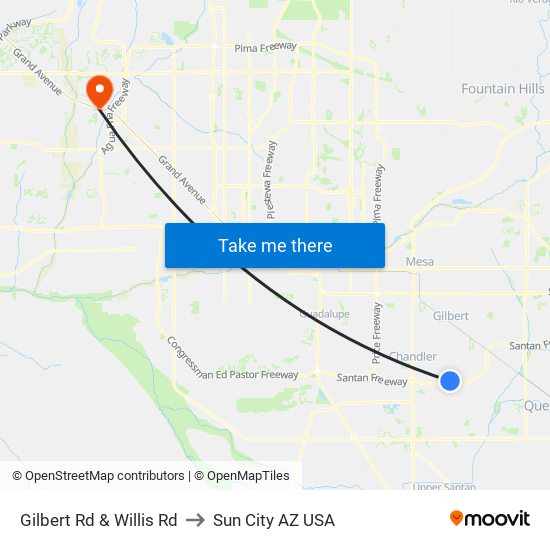 Gilbert Rd & Willis Rd to Sun City AZ USA map