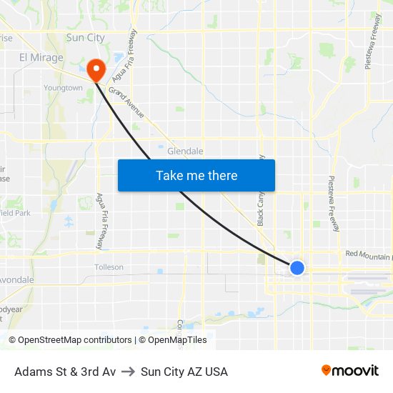 Adams St & 3rd Av to Sun City AZ USA map