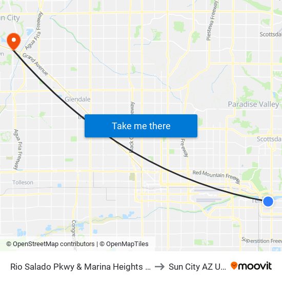 Rio Salado Pkwy & Marina Heights East to Sun City AZ USA map