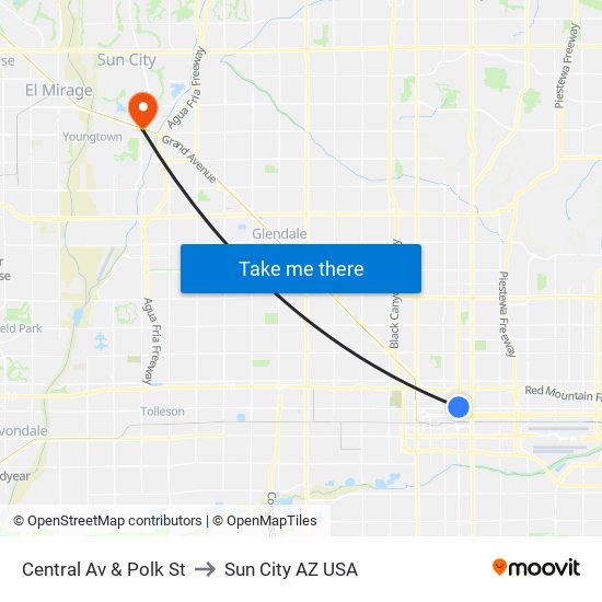 Central Av & Polk St to Sun City AZ USA map