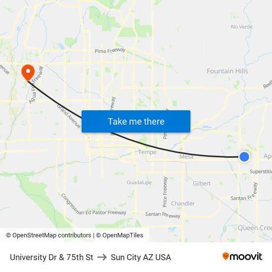 University Dr & 75th St to Sun City AZ USA map