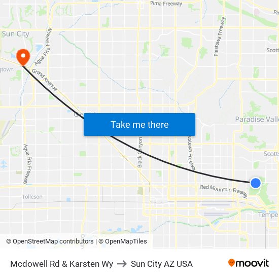 Mcdowell Rd & Karsten Wy to Sun City AZ USA map