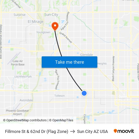 Fillmore St & 62nd Dr (Flag Zone) to Sun City AZ USA map