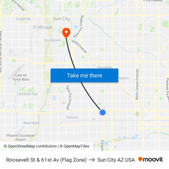 Roosevelt St & 61st Av (Flag Zone) to Sun City AZ USA map