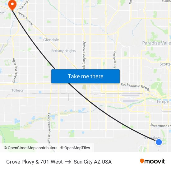 Grove Pkwy & 701 West to Sun City AZ USA map