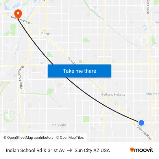 Indian School Rd & 31st Av to Sun City AZ USA map