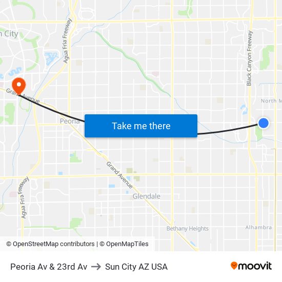 Peoria Av & 23rd Av to Sun City AZ USA map