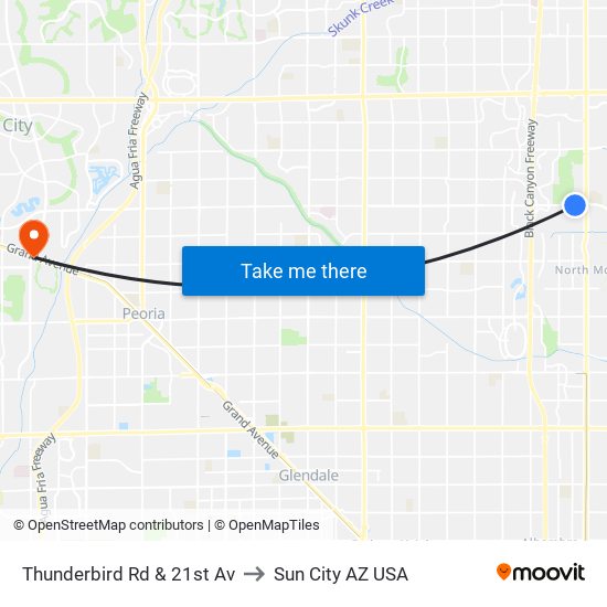 Thunderbird Rd & 21st Av to Sun City AZ USA map