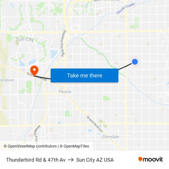 Thunderbird Rd & 47th Av to Sun City AZ USA map