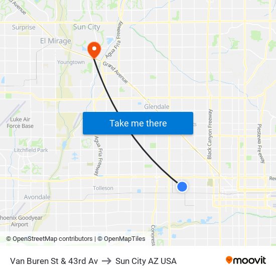 Van Buren St & 43rd Av to Sun City AZ USA map