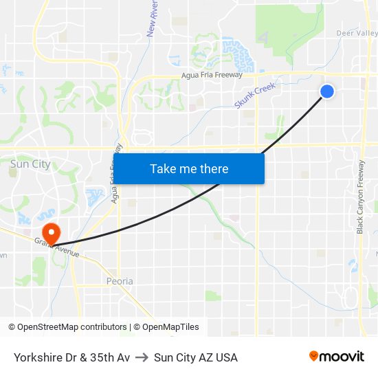 Yorkshire Dr & 35th Av to Sun City AZ USA map