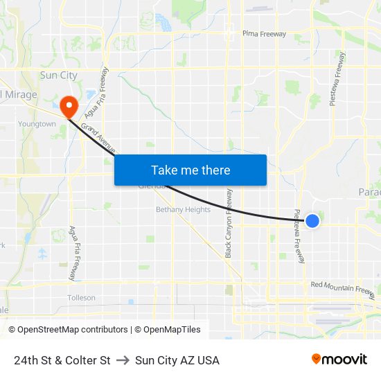 24th St & Colter St to Sun City AZ USA map