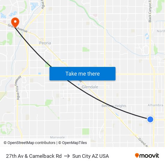 27th Av & Camelback Rd to Sun City AZ USA map