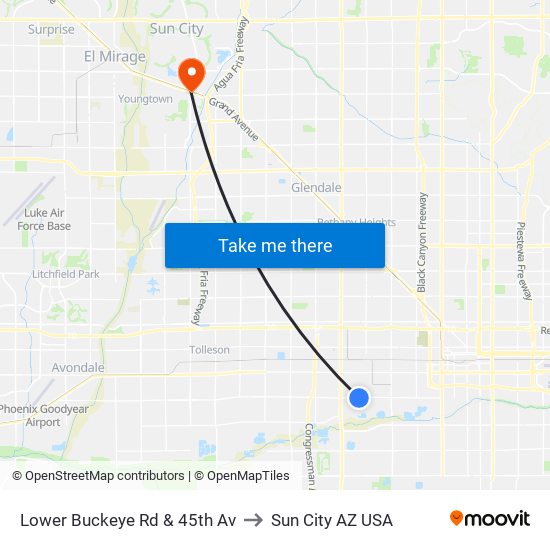 Lower Buckeye Rd & 45th Av to Sun City AZ USA map