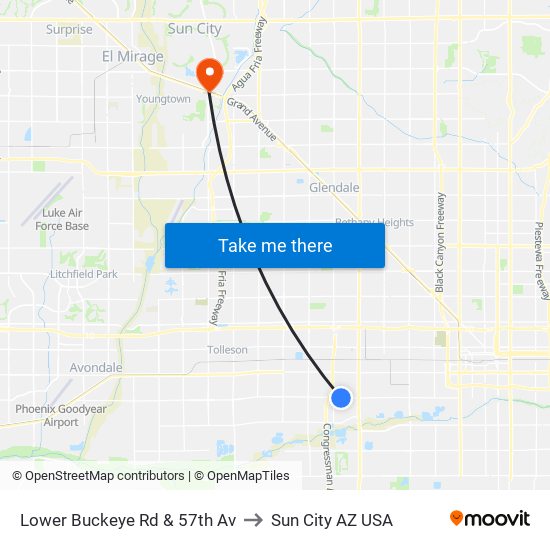 Lower Buckeye Rd & 57th Av to Sun City AZ USA map