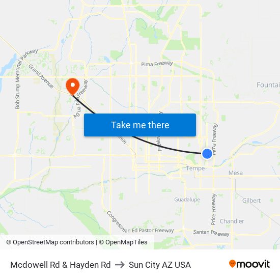 Mcdowell Rd & Hayden Rd to Sun City AZ USA map