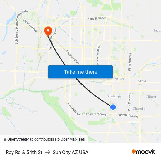 Ray Rd & 54th St to Sun City AZ USA map