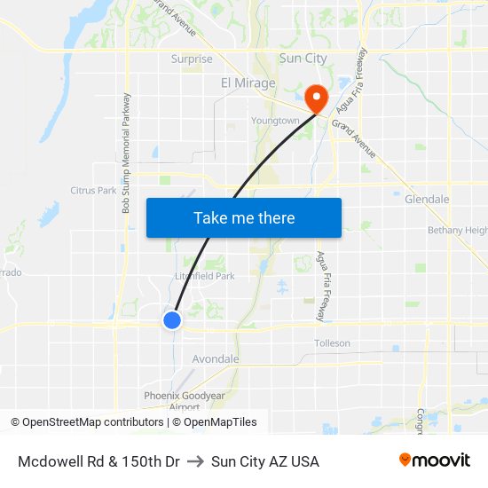 Mcdowell Rd & 150th Dr to Sun City AZ USA map