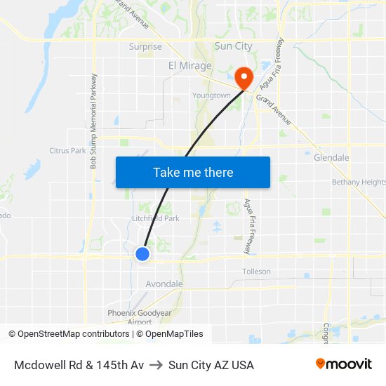 Mcdowell Rd & 145th Av to Sun City AZ USA map