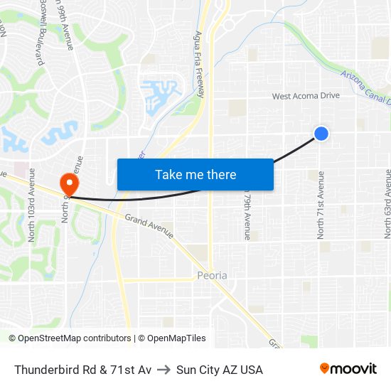 Thunderbird Rd & 71st Av to Sun City AZ USA map