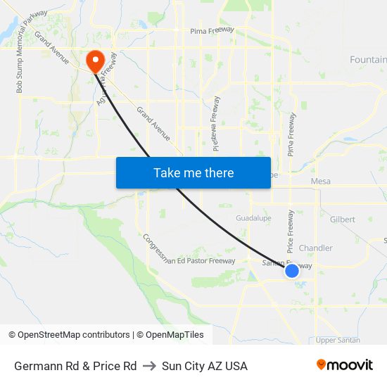 Germann Rd & Price Rd to Sun City AZ USA map
