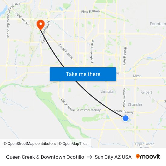 Queen Creek & Downtown Ocotillo to Sun City AZ USA map