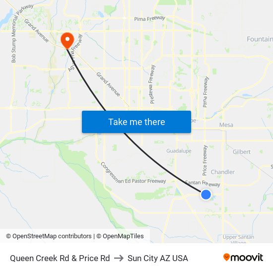 Queen Creek Rd & Price Rd to Sun City AZ USA map