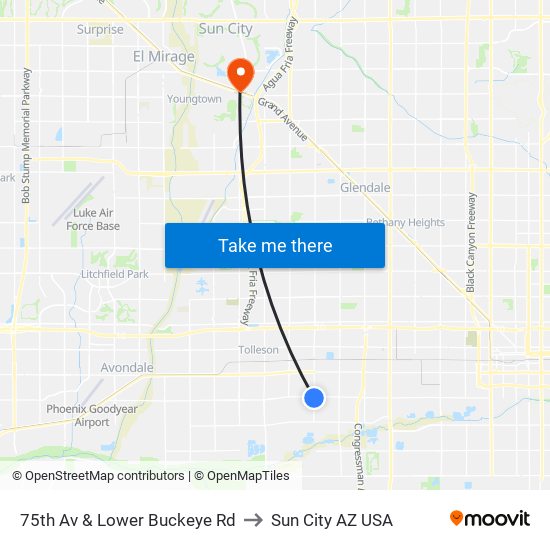 75th Av & Lower Buckeye Rd to Sun City AZ USA map