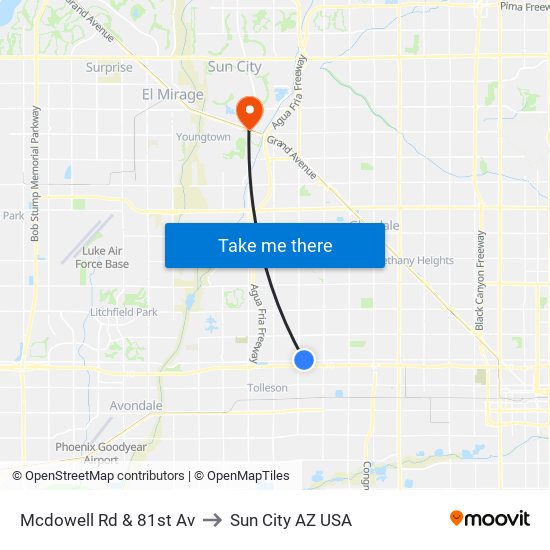 Mcdowell Rd & 81st Av to Sun City AZ USA map