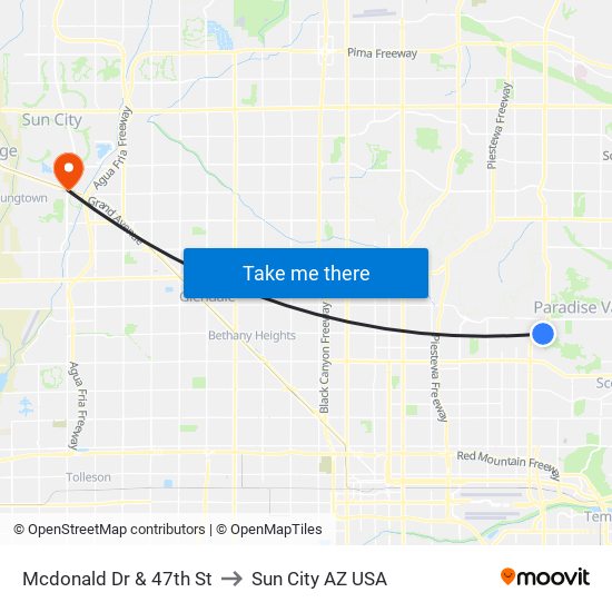 Mcdonald Dr & 47th St to Sun City AZ USA map