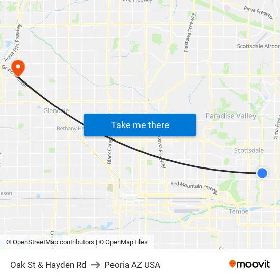 Oak St & Hayden Rd to Peoria AZ USA map